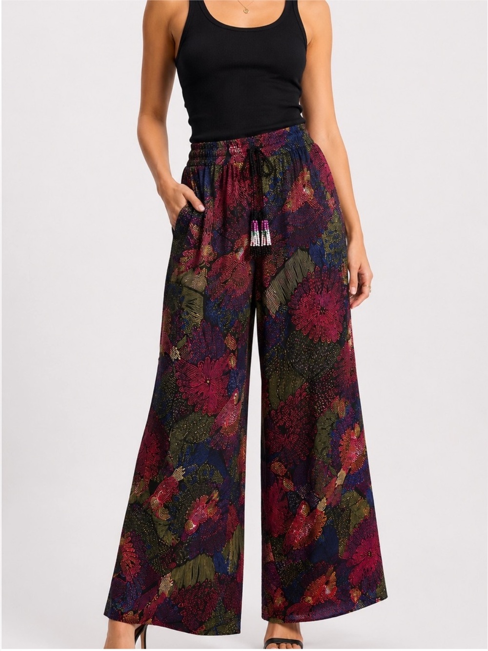 Rachel Zoe Tropical Parrot Palm Leaf Resort Style Wide Leg Palazzo Pants XS